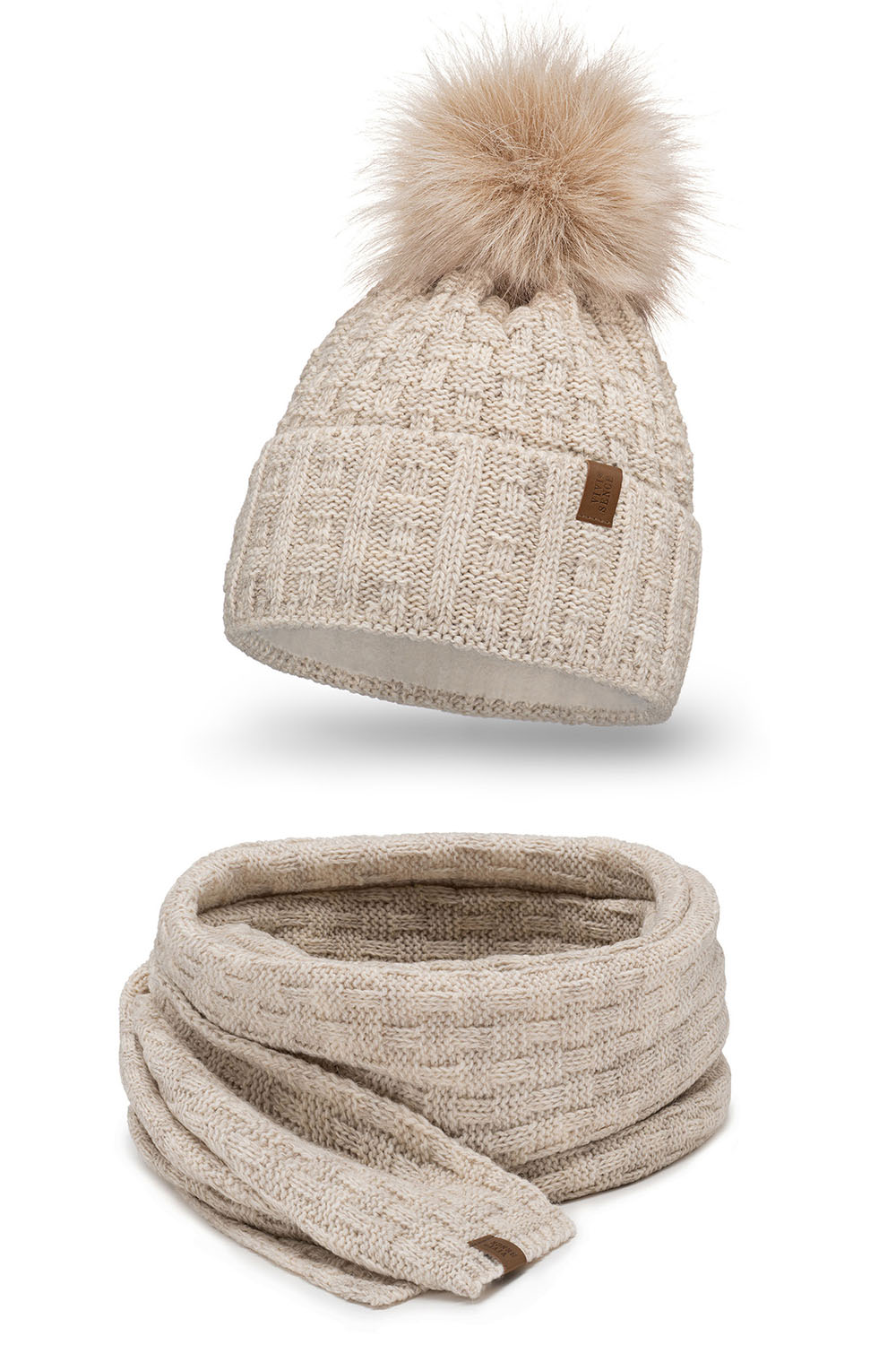 Vivisence Femme Bonnet Et Écharpe Pour l'Automne et l'Hiver À Pompon Chauds Doublés De Polaire Anti-Statique Idéal Pour Les Hommes Élégants Parfait Pour Froides Journées 7015Kmpl, beige