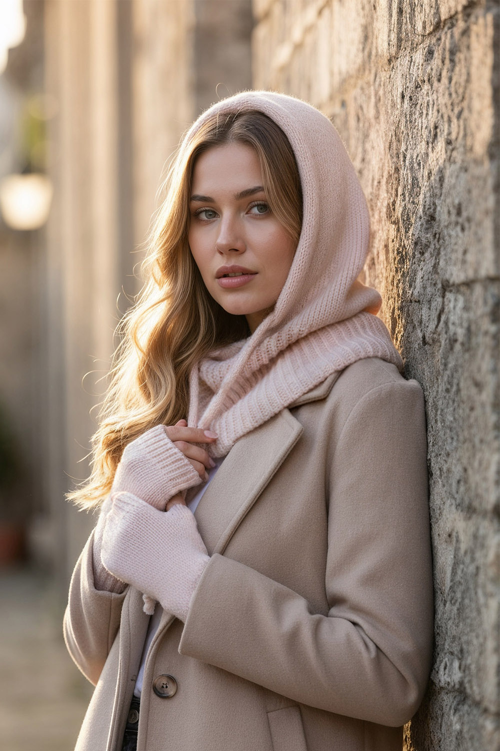 Vivisence Women Winter Hood And Gloves Set Merino Wool Knit Warm And Cozy, Pink