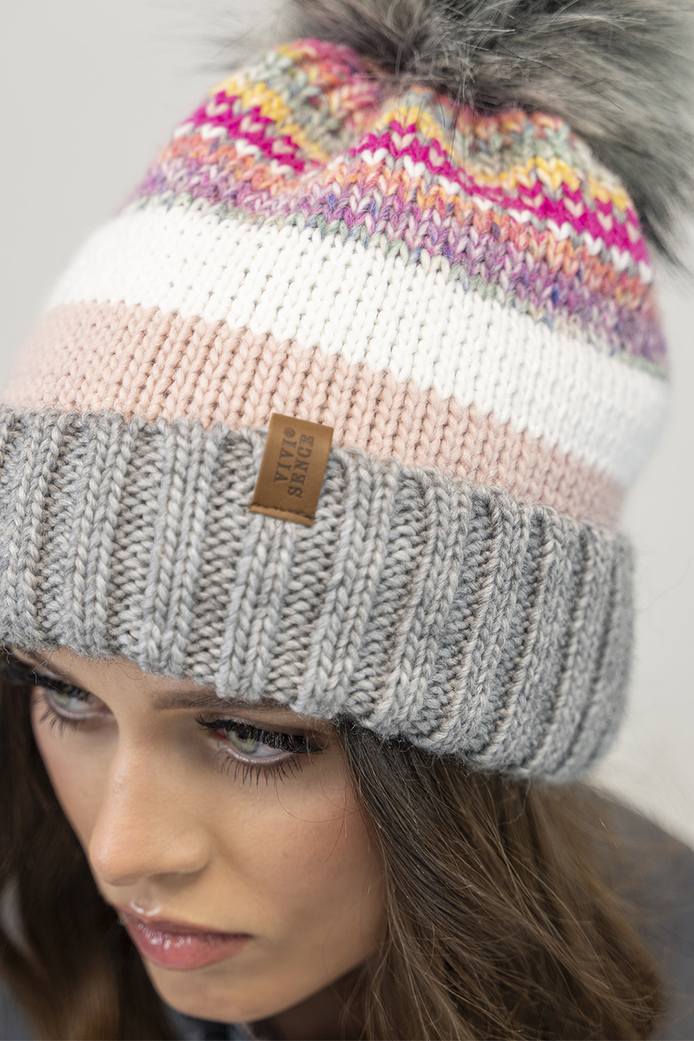 Vivisence Fashionable Women's Winter Set Perfectly Fitted Hat with Colorful Weave Pom-Pom Soft Anti-Static Fleece Lining and Foldable Snood Scarf, grey