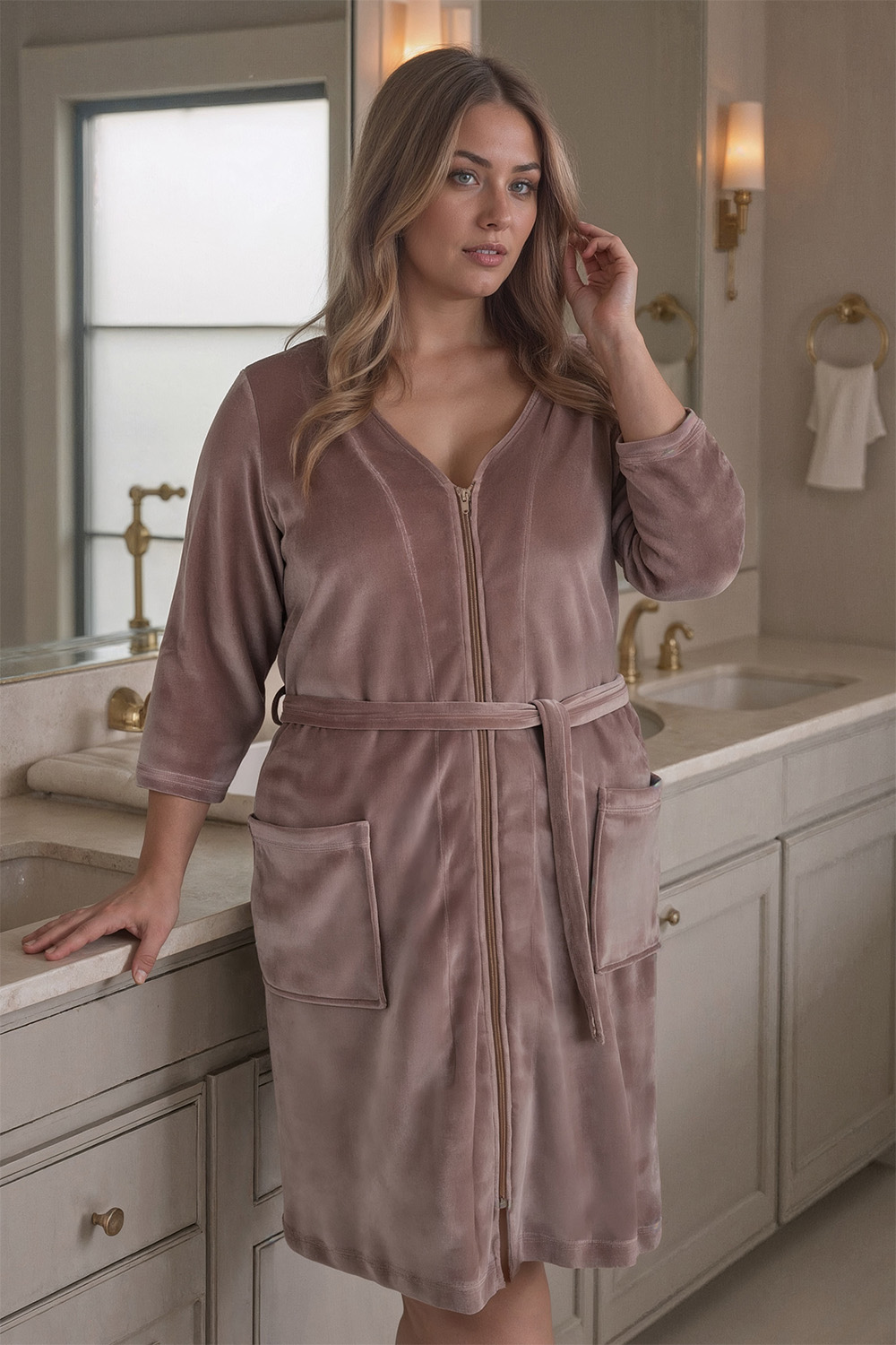 Vivisence Femme Robe de Chambre Coton Fermeture Éclair Confort à la Maison 5011, beige