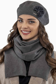 Vivisence Women's Beret With Floral Applique Ideal For Winter Days 7036, dark grey