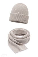 Vivisence set bonnet et écharpe laine mérinos cachemire femme hiver, beige
