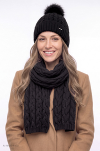 Vivisence Women's Knitted Set Wool Silk Beanie and Scarf, black