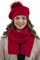 Vivisence Béret Et Écharpe Pour Femme L'automne et L'hiver Ensemble Élégant Fabriqué En Laine Chaude Avec Pompon De Fausse Fourrure Style Classique Idéal Pour Les Froids Jours Cadeau Parfait 7035Kmpl, rouge