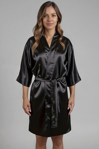 Vivisence Women Satin Robe V Neck Three Quarter Sleeve Tie Waist Short Gift, Black