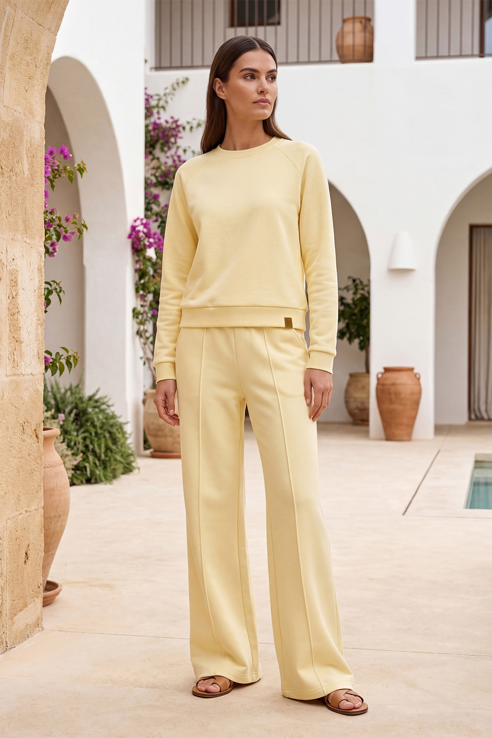 Vivisence Femme Pantalon De Survêtement Pli Devant Taille Élastique Confort, banane