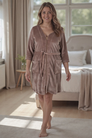 Vivisence Dressing Gown Cotton Zipper and Belt Pockets Home Comfort 5011, beige