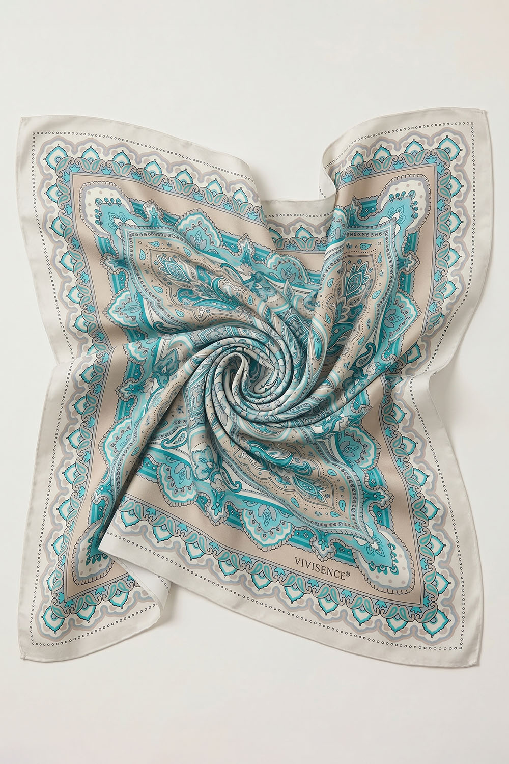 Vivisence Foulard En Soie Femme Carré 90x90 cm Bords Roulottés Style Polyvalent, turquoise/beige
