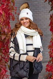 Vivisence Bonnet Femme Avec Pompon Pour L’Hiver En Fil Chaud Style Automnal 7042, ecru