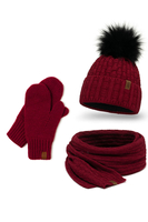 Vivisence Femme Ensemble Bonnet Pompon Écharpe Moufles Chaud Hiver Élégant, bordeaux