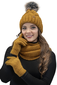 Vivisence Women Winter Hat Scarf And Gloves Set Soft Fleece Lining Cozy Warmth, dark yellow