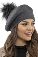 Vivisence Women Beret Wool Blend Faux Fur Pompom Elegant Warm Winter Hat 7035, dark grey