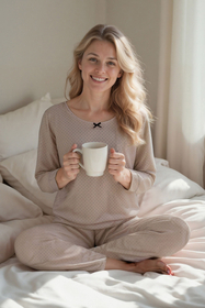 Vivisence Dame Schlafanzug 2-teiliges Set Pyjama Bluse Hose Gemustert Tupfen 2023, Beige