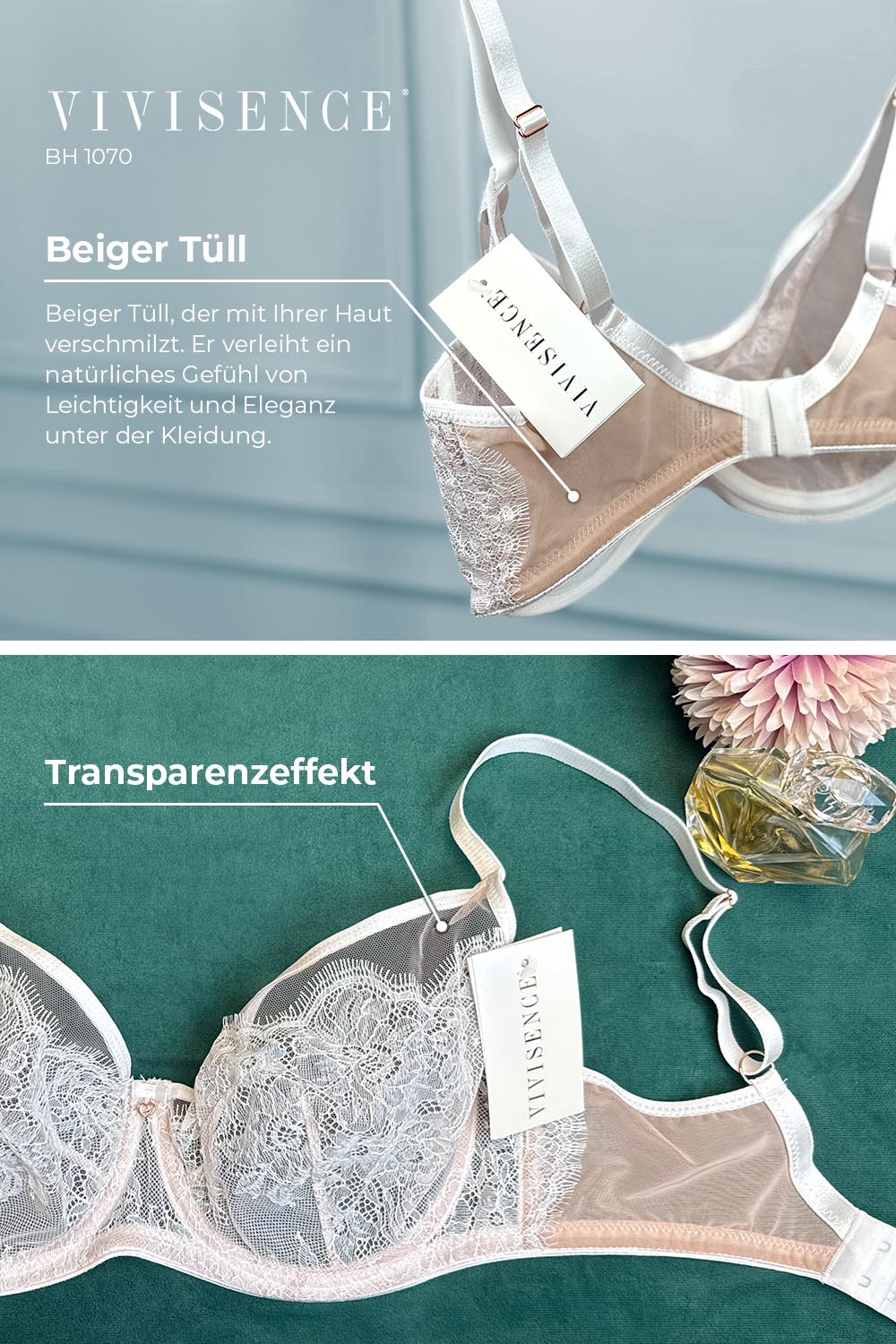 Vivisence Soutien-Gorge Sans Rembourrage Dentelle Florale Maille Transparente Bonnets Entiers Avec Armatures Bretelles Réglables Lingerie Élégante Cadeau Femme 1070, blanc