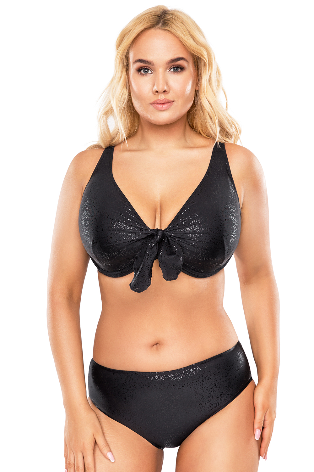 Vivisence Womens Underwire Swim Bra Non Padded with Tie Front Adjustable Straps for Full Bust Support, black shine