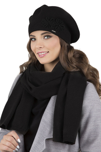 Vivisence Damen Baskenmütze Schal Set Wolle Blumenapplikation Warm Elegant 7007, schwarz