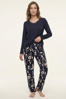 Vivisence Damen Pyjama Modal Baumwolle Langarm V Ausschnitt Bequem Atmungsaktiv, dunkelblau