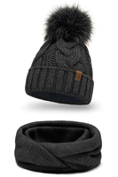 Vivisence Bonnet Femme Et Écharpe Pour L'automne et L'hiver À Pompon Cache-cou Ensemble Classique En Fils Chauds Avec Doublure En Polaire Parfait Pour Les Journées Froides 7014, gris foncé