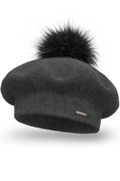 Vivisence Women Beret Wool Blend Faux Fur Pompom Elegant Warm Winter Hat 7035, dark grey