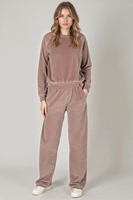 Vivisence Women's Velour Tracksuit Set Two Piece Loungewear Outfit With Classic Sweatshirt And Wide Leg Trousers Soft Cotton With Pockets And Elastic Waistband, Beige