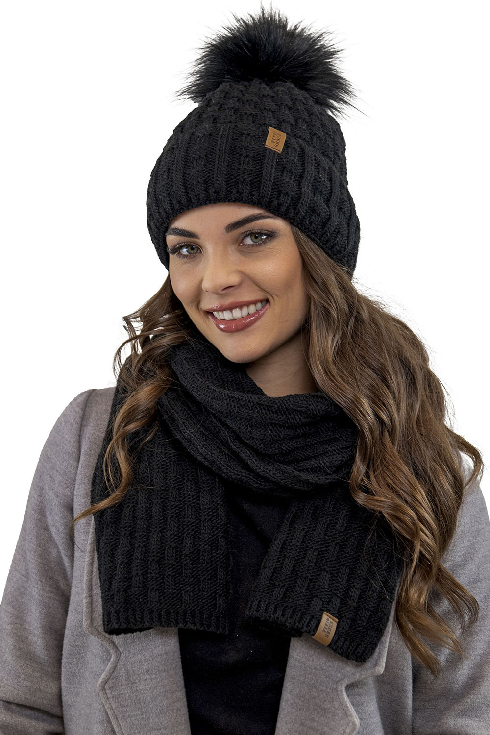 Vivisence Pom Pom Hat For Women Fleece Lined Knitted Winter Style 7015, black