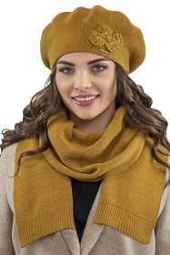 Vivisence Baskenmütze Damen Elegant Blume Warm Herbst Winter Accessoire 7006, senffarbe