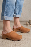 Vivisence Women’s Nubuck Clogs, Wooden Sole, Closed Toe Slip On Shoes with Heel, Comfortable Everyday Wear, light brown