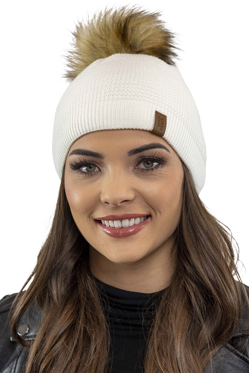 Vivisence Women's Pom Pom Winter Hat Warm Yarn Antistatic 7041, ecru