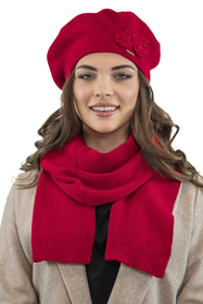 Vivisence Elegant Women's Winter Set Including Classic Beret With Floral Decoration And Matching Long Warm Wool Scarf Ideal For Cold Winter And Autumn Days, red