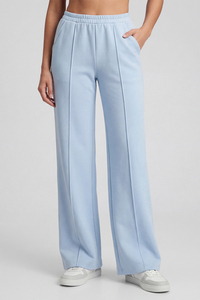 Vivisence Women’s Pull On Trousers, Soft Knit Smart Casual Trousers with Front Crease, Flared Leg and Side Pockets, sky blue