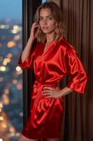 Vivisence peignoir femme satiné élégant léger, kimono court manches 3/4, idéal cadeau nuit, rouge