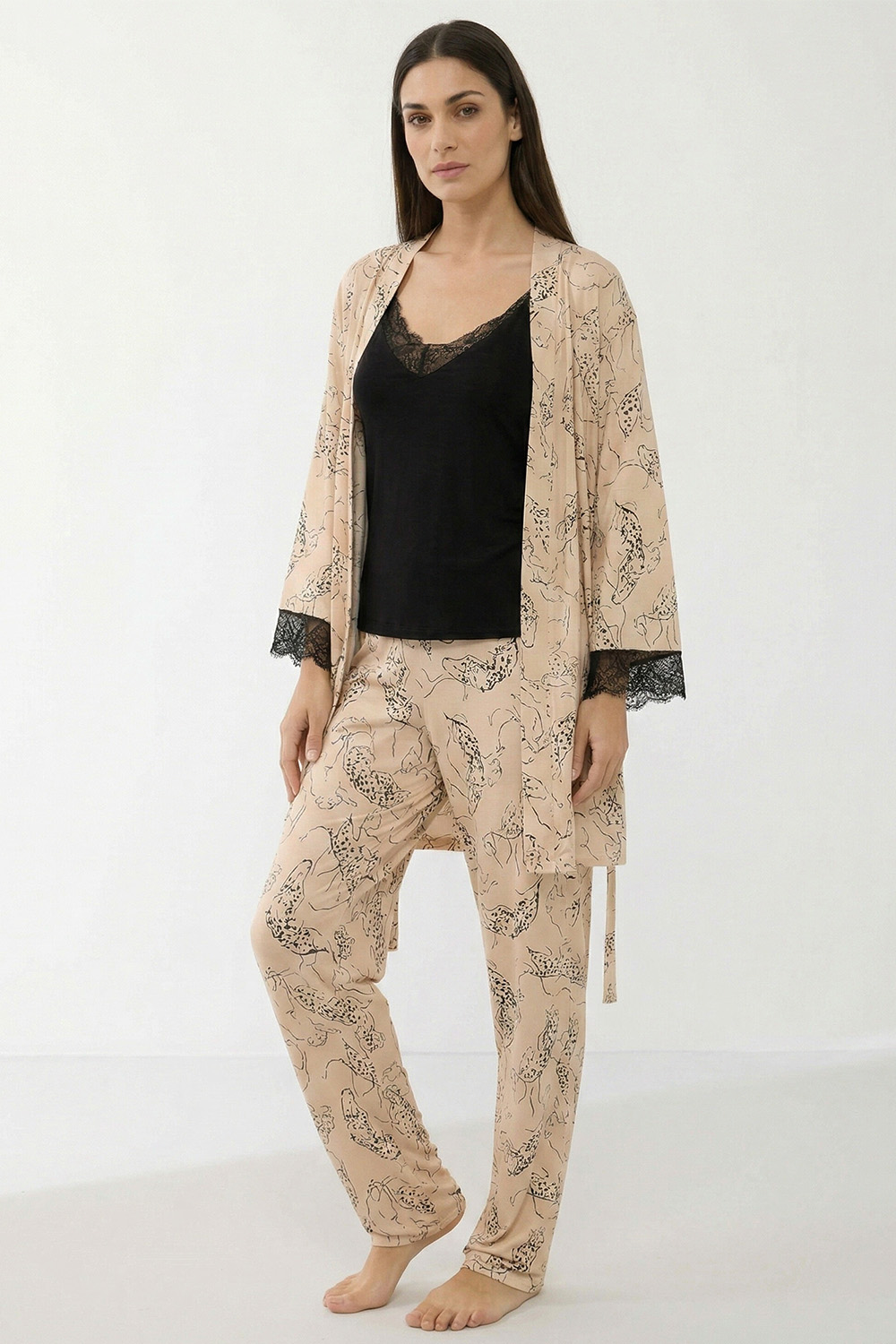 Vivisence Women Three Piece Nightwear Set Lace Trim Viscose Soft Comfort, beige and black