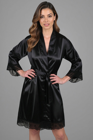 Vivisence Damen Negligé Satin Kurz Kimonoärmel Spitze Bindegürtel Elegant 5032, schwarz