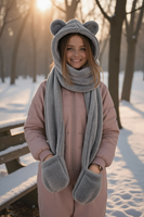 Vivisence Women Winter Hood Scarf With Mittens Soft Polyester Cozy Warmth, light grey