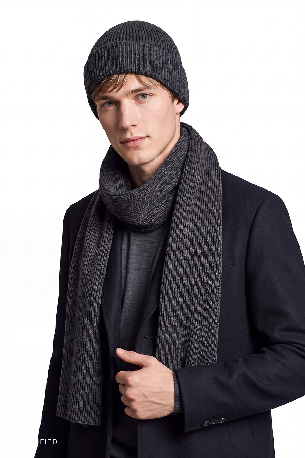 Vivisence Herren Beanie aus Wolle, elastische Mütze für Alltag, Strick, dunkelgrau