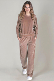 Vivisence Damen Trainingsanzug Set Zweiteiler Aus Velours Mit Sweatshirt Und Hose Lockerer Schnitt Rundhals Seitentaschen Elastischer Bund, Beige