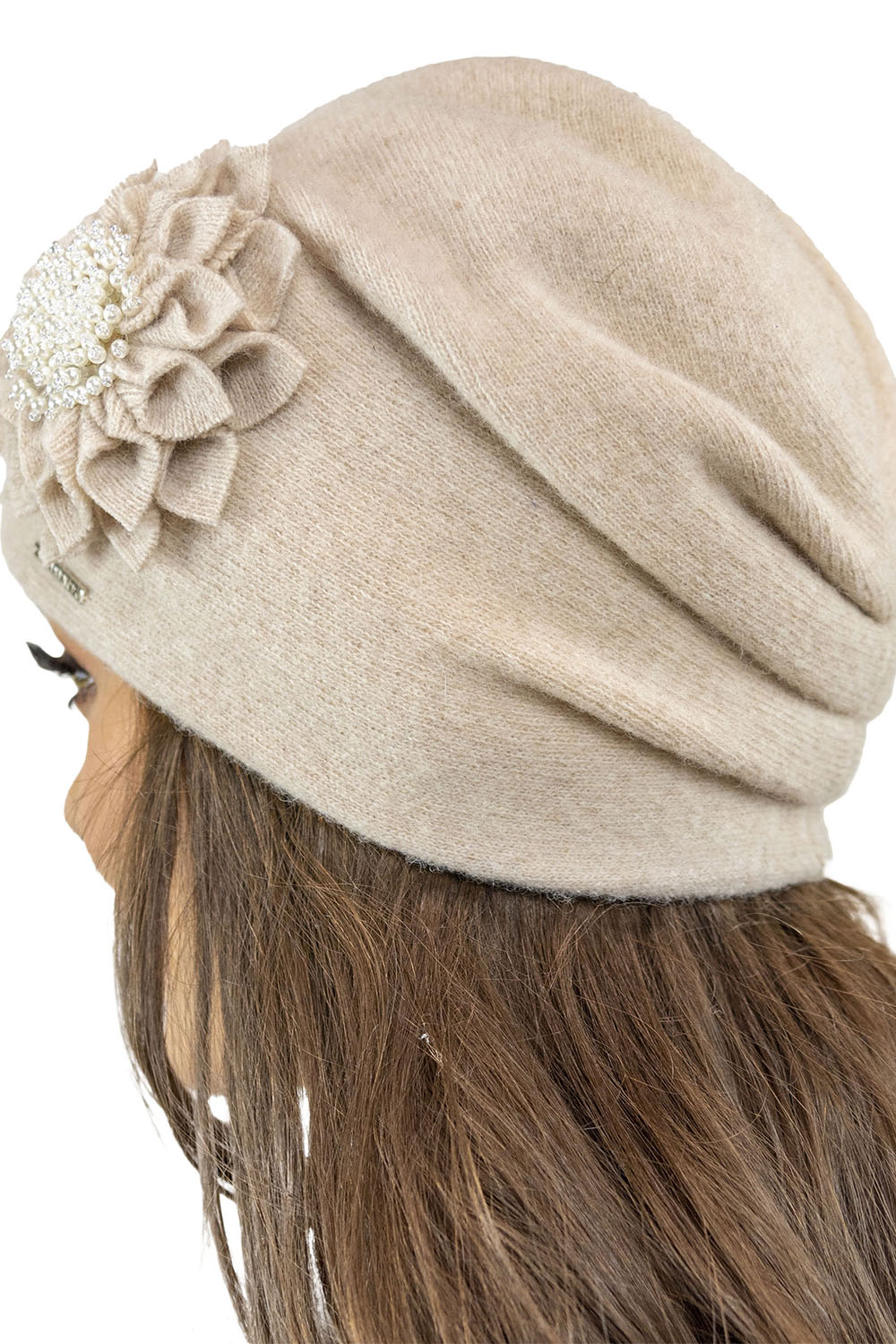 Vivisence Bonnet Femme En Laine Avec Fleur Plissée Élégante Et Antistatique 7052, beige