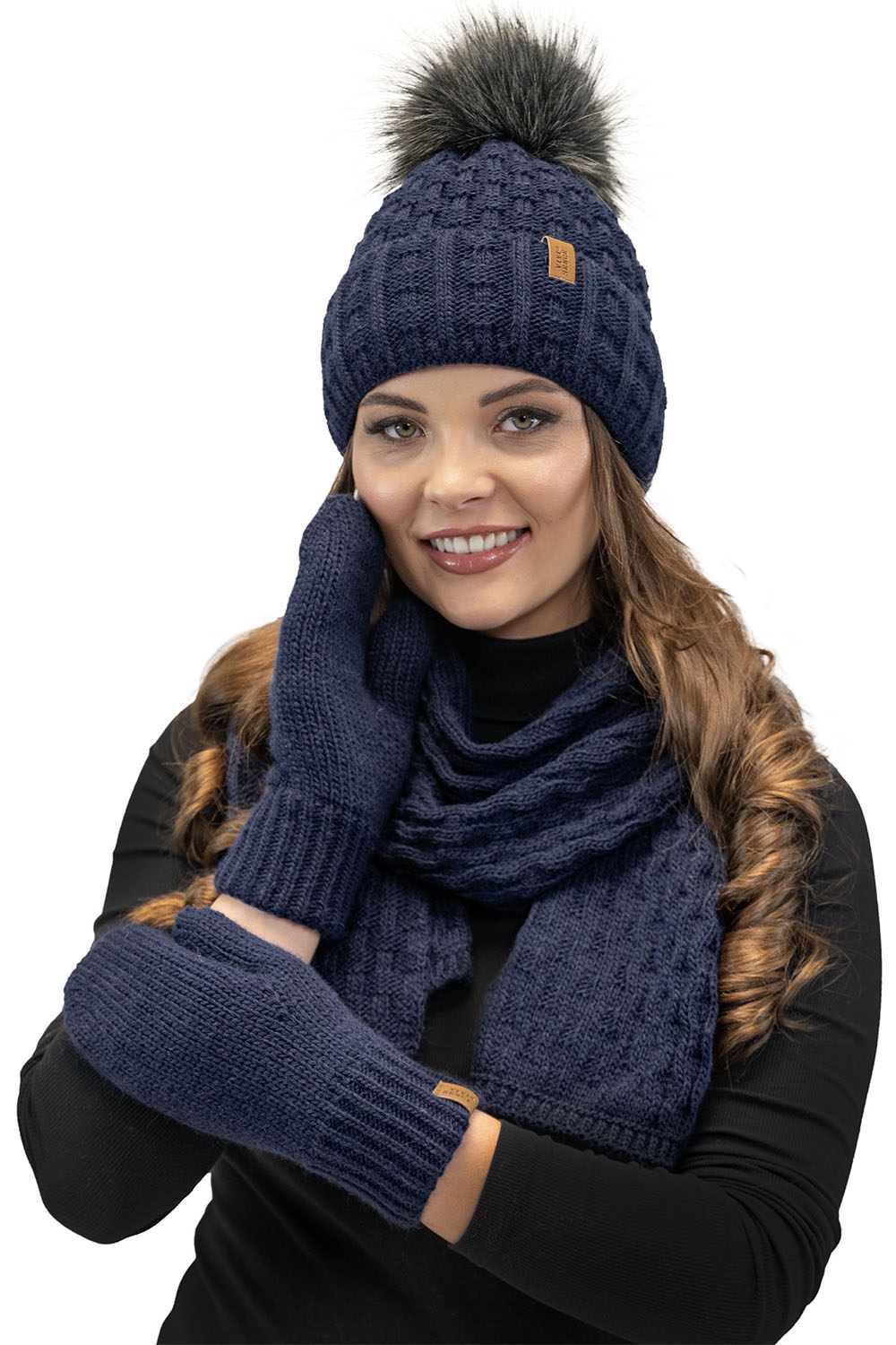 Vivisence Damen Mütze Bommel Warm Fleece Gefüttert Strick Winterstyle 7015, dunkelblau