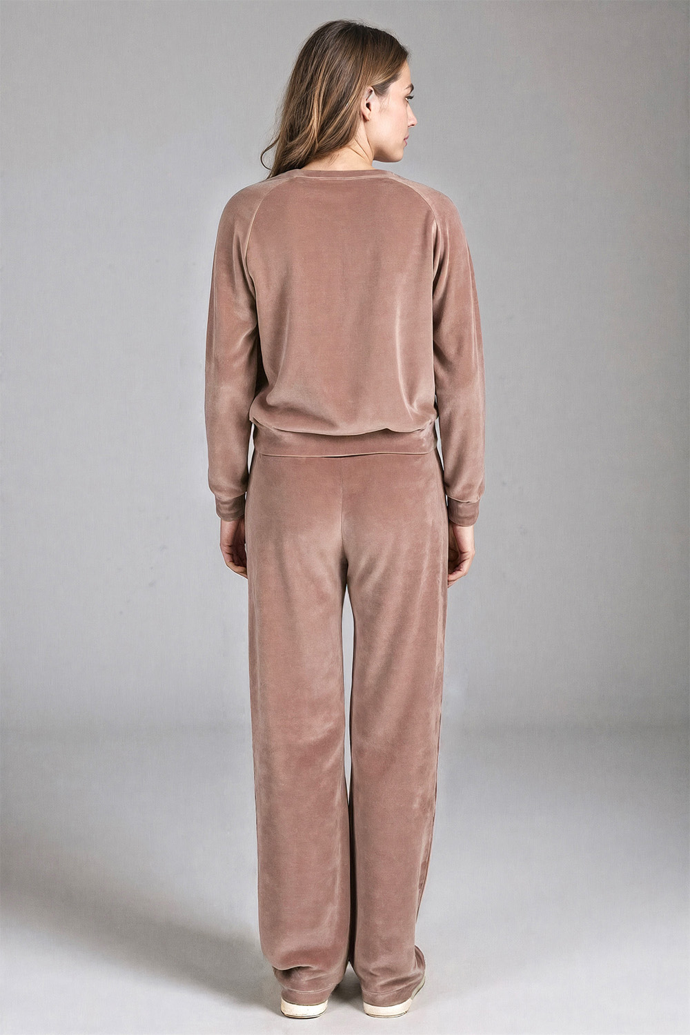 Vivisence Women's Velour Tracksuit Set Two Piece Loungewear Outfit With Classic Sweatshirt And Wide Leg Trousers Soft Cotton With Pockets And Elastic Waistband, Beige