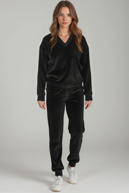 Vivisence Women Sweatshirt Velour V Neck Long Sleeve Lounge Casual 9002, Black