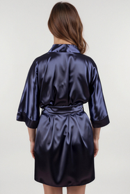 Vivisence peignoir femme satiné élégant léger, kimono court manches 3/4, idéal cadeau nuit, bleu foncé