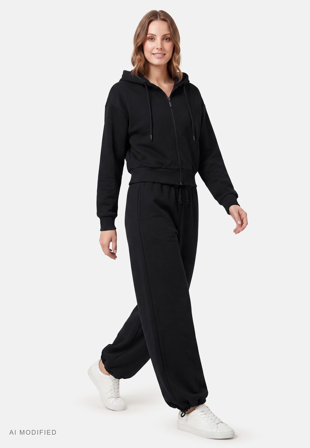 Vivisence Women Tracksuit Set Zip Hoodie And Pants Soft Cotton For Daily Comfort, black