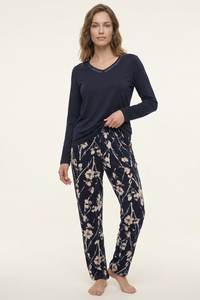 Vivisence Women’s Pyjama Set, Long Sleeve V Neck Top and Full Length Printed Trousers, Modal Cotton Nightwear with Pockets, navy blue