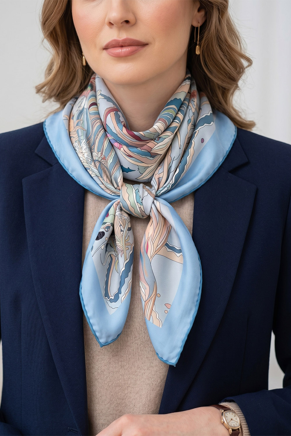 Vivisence Damen Seidentuch Naturale Seide Quadratisch Design Sanft Zur Haut, blau/beige