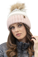 Vivisence Fashionable Women's Winter Set Perfectly Fitted Hat with Colorful Weave Pom-Pom Soft Anti-Static Fleece Lining and Foldable Snood Scarf, Pink