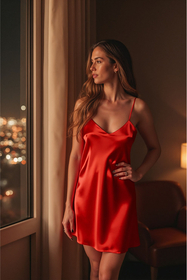 Vivisence Nachthemd Satin Verstellbare Träger Angenehm Anzufassen Der Stoff 2039, rot