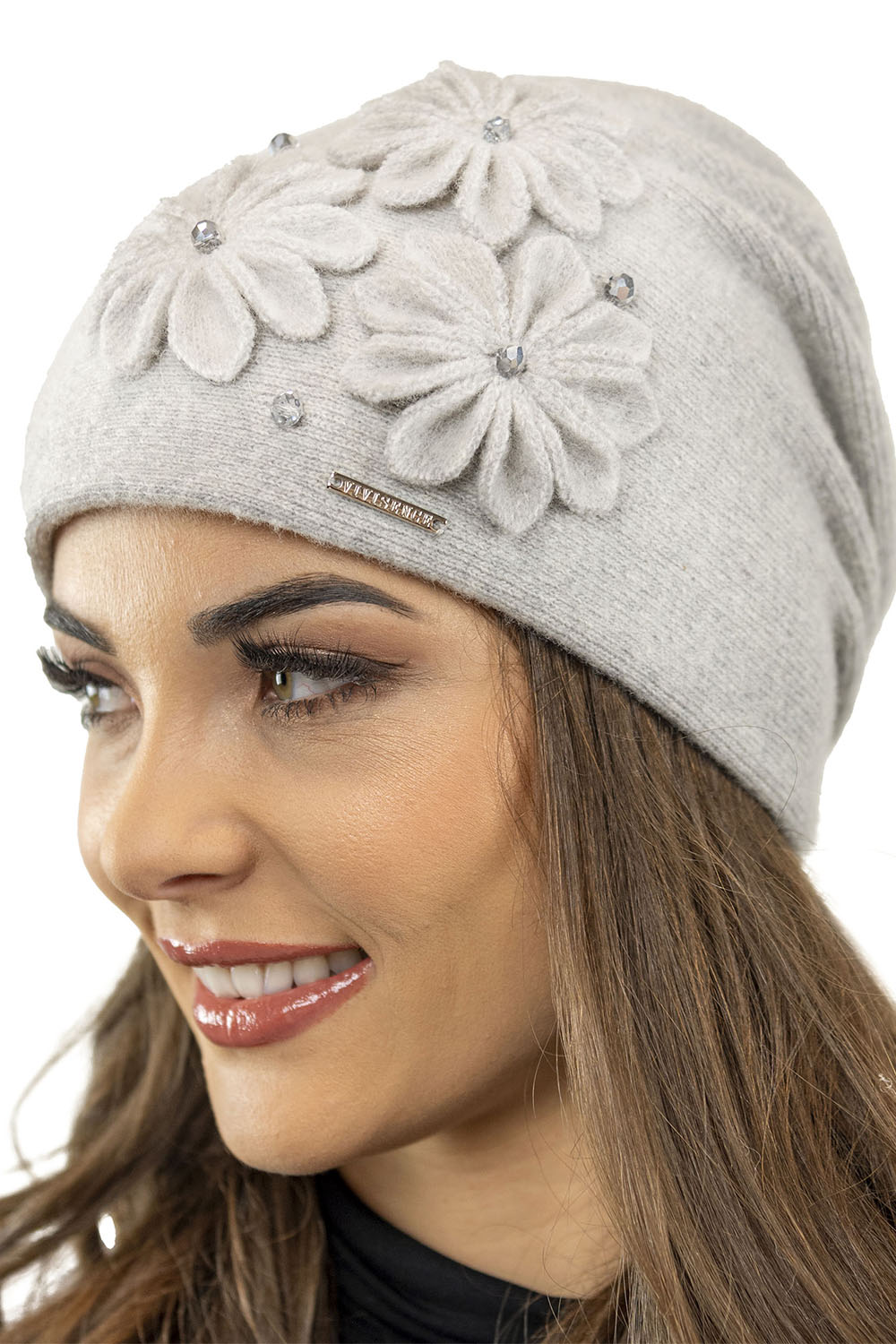 Vivisence Bonnet Femme En Laine Avec Fleur Douillet Et Antistatique Pour L’Hiver 7053, gris clair