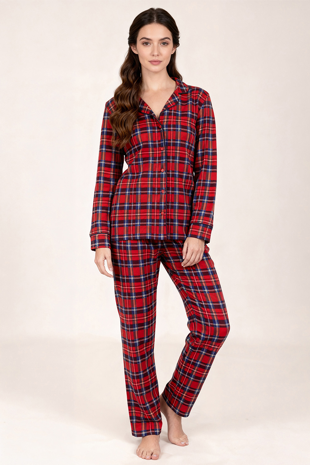 Vivisence Femme Pyjama Deux Pièces Coton À Carreaux Boutonné Confort Doux, rouge