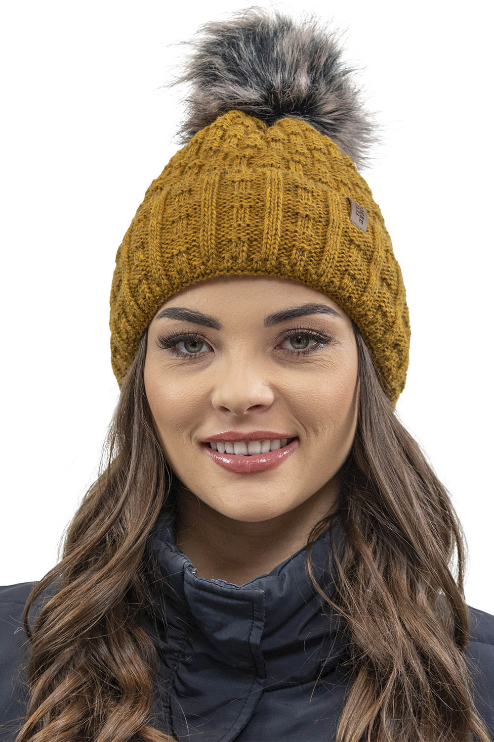 Vivisence Damen Mütze Bommel Warm Fleece Gefüttert Strick Winterstyle 7015, dunkelgelb