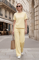 Vivisence Women’s 2 Piece Lounge Set, Short Sleeve T Shirt and Flared Trousers with Pockets, Soft Stretch Co Ord Set, banana